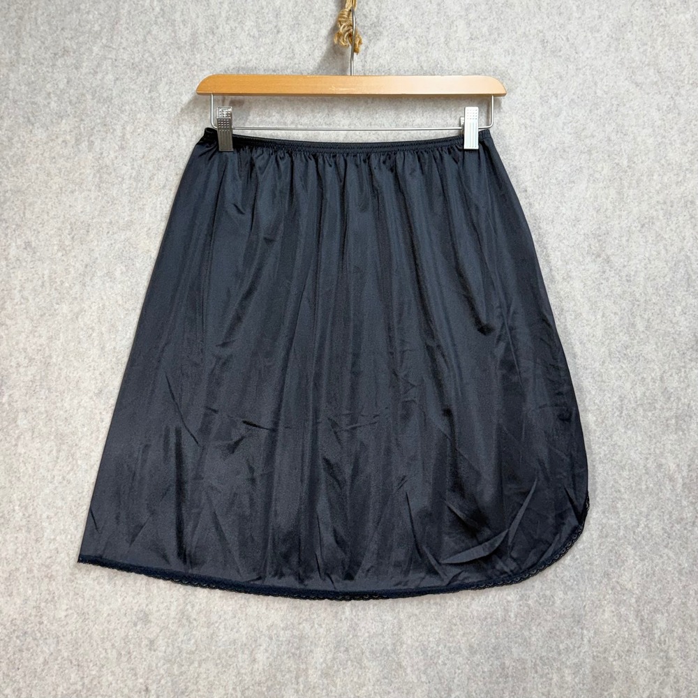 Vassarette Vintage Black Nylon Tricot Half Slip Skirt Lace Trim Side Slit Large